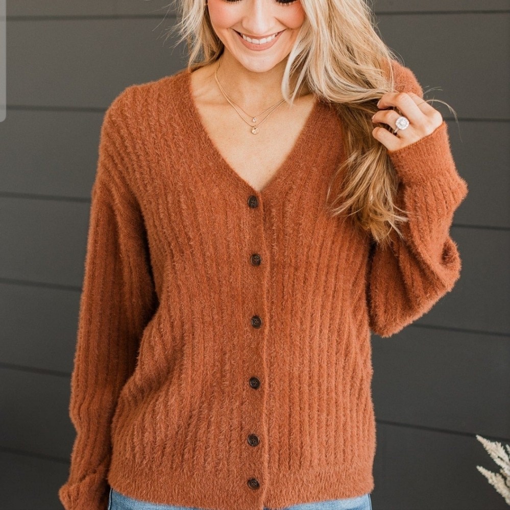 Copper- knit fuzzy cardigan